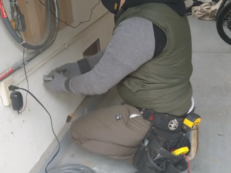 Electrician performing outlet wiring in a North Hampton garage